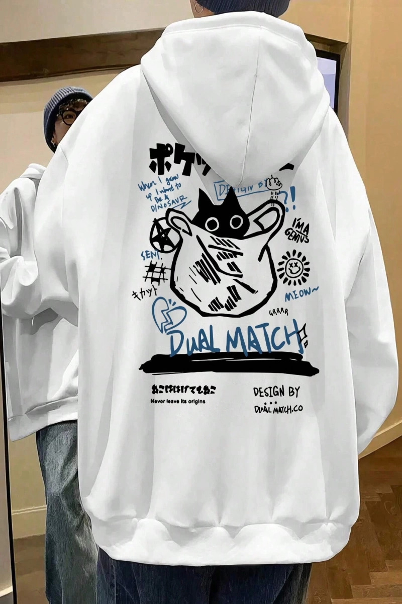 Erkek Kedi Grafik Baskılı Günlük Kazak Polar Kapşonlu Kapşonlu Sweatshirt