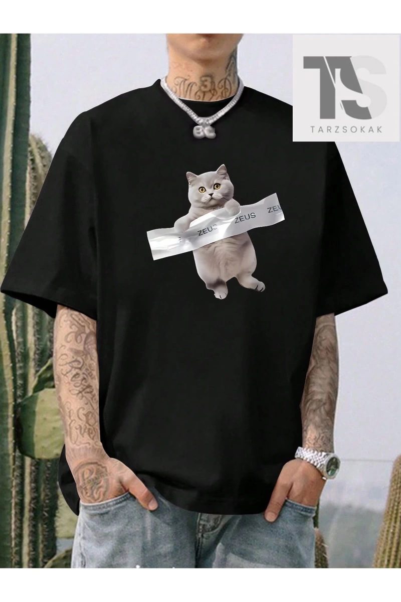 Erkek Kedi ve Mektup Baskılı Tişört