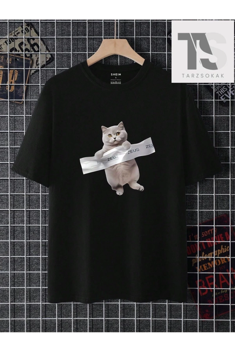 Erkek Kedi ve Mektup Baskılı Tişört