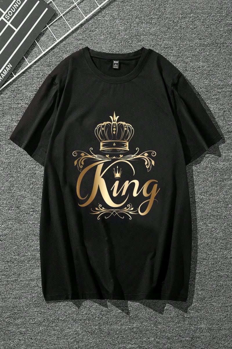 Erkek King Baskılı Mürettebat Yaka Kısa Kollu Tişört, Günlük Yaz Üstü, Arkada