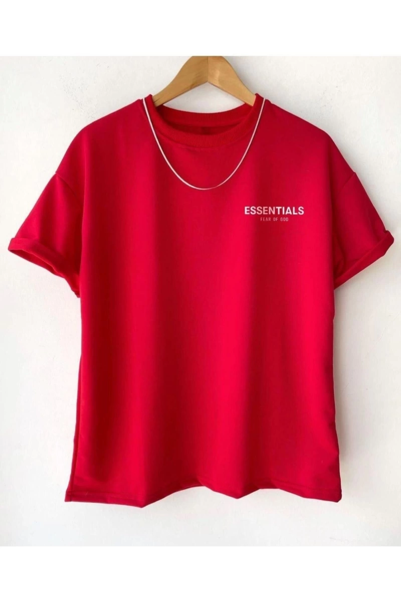 Erkek Kırmızı Essentials Baskılı Oversize Bisiklet Yaka Kısa Kollu T-shirt