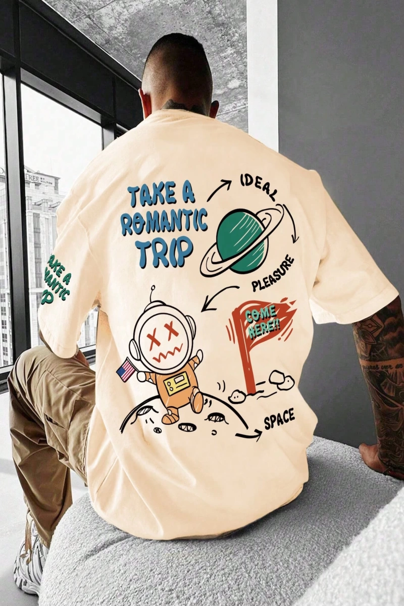 Erkek Komik Graffiti Karikatür Baskılı Bol Kesim Kısa Kollu Tişört, Erkek Ark