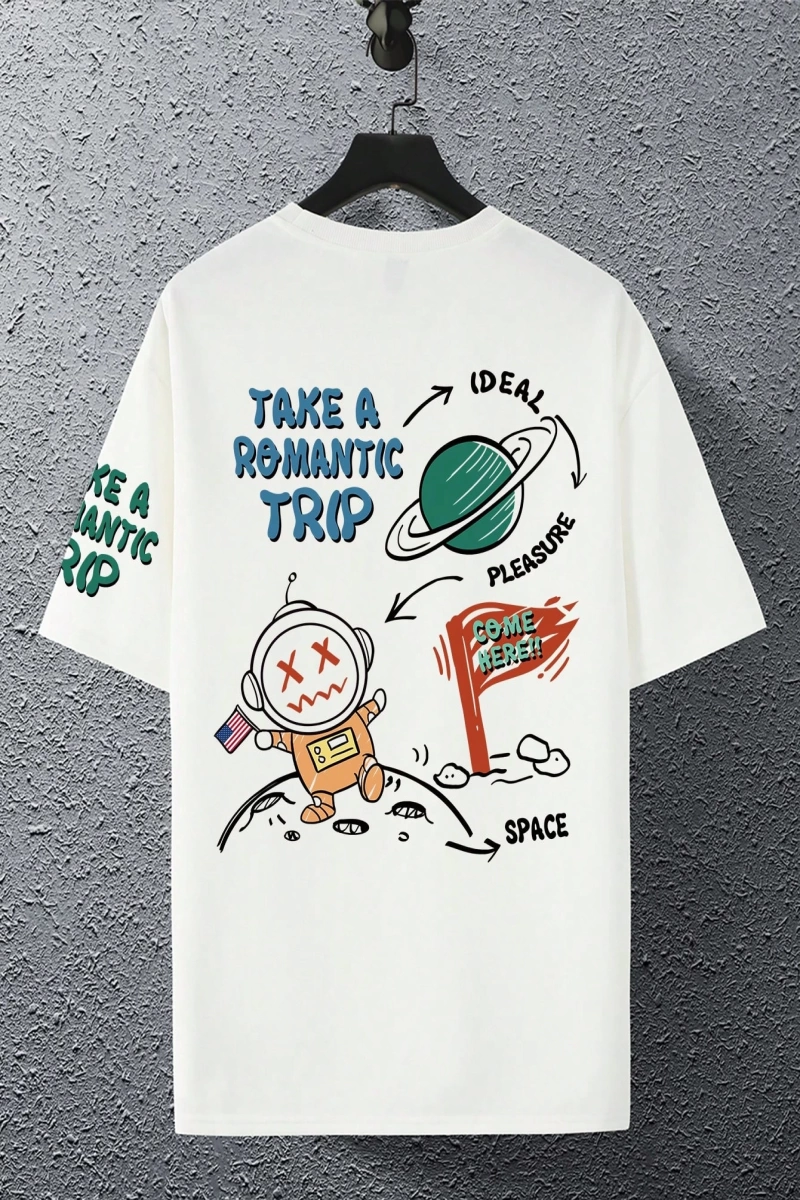 Erkek Komik Graffiti Karikatür Baskılı Bol Kesim Kısa Kollu Tişört, Erkek Ark
