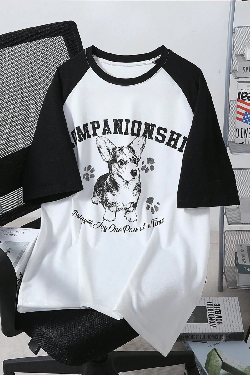Erkek Köpek Slogan Baskılı Yuvarlak Yaka Kısa Kollu Günlük Tişört