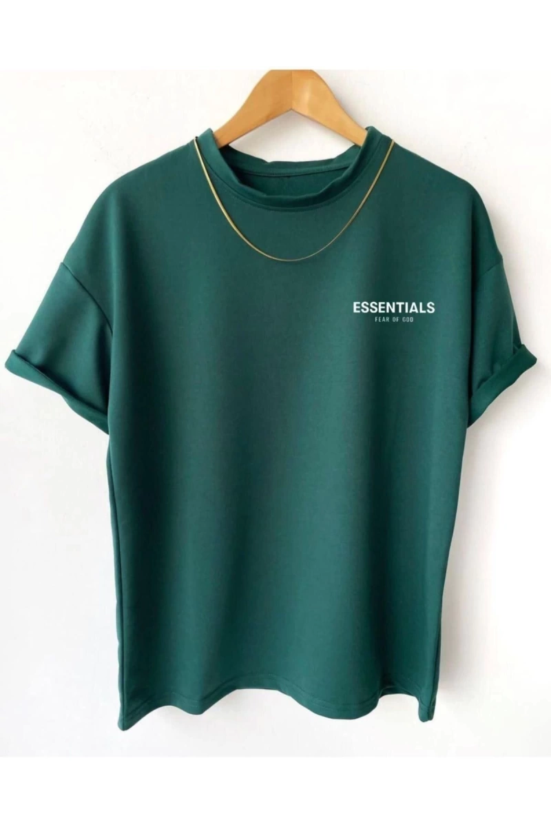 Erkek Koyu Yeşil Essentials Baskılı Oversize Bisiklet Yaka Kısa Kollu T-shirt