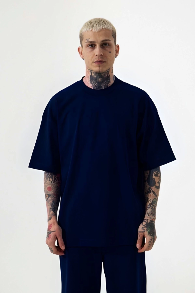 Erkek Lacivert Batik Oversize T-shirt Kısa Kollu