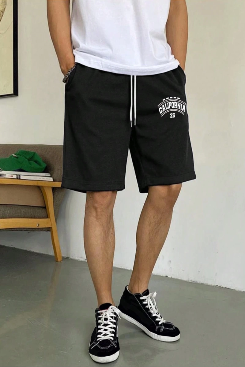 Erkek Mektup Baskılı Bağcıklı Bel Şortu Erkek Giyim Erkek Şortları E