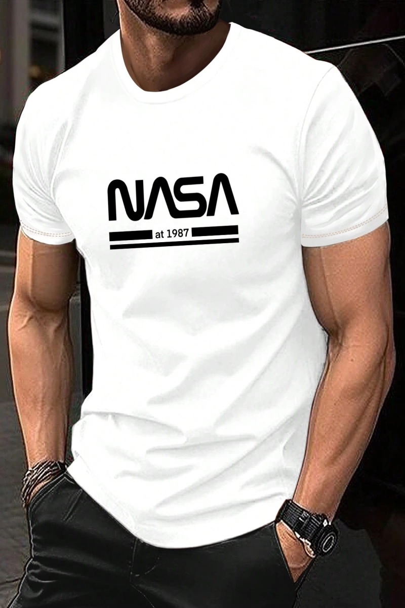 Erkek Mektup Baskılı Kısa Kollu Slim Fit Tişört