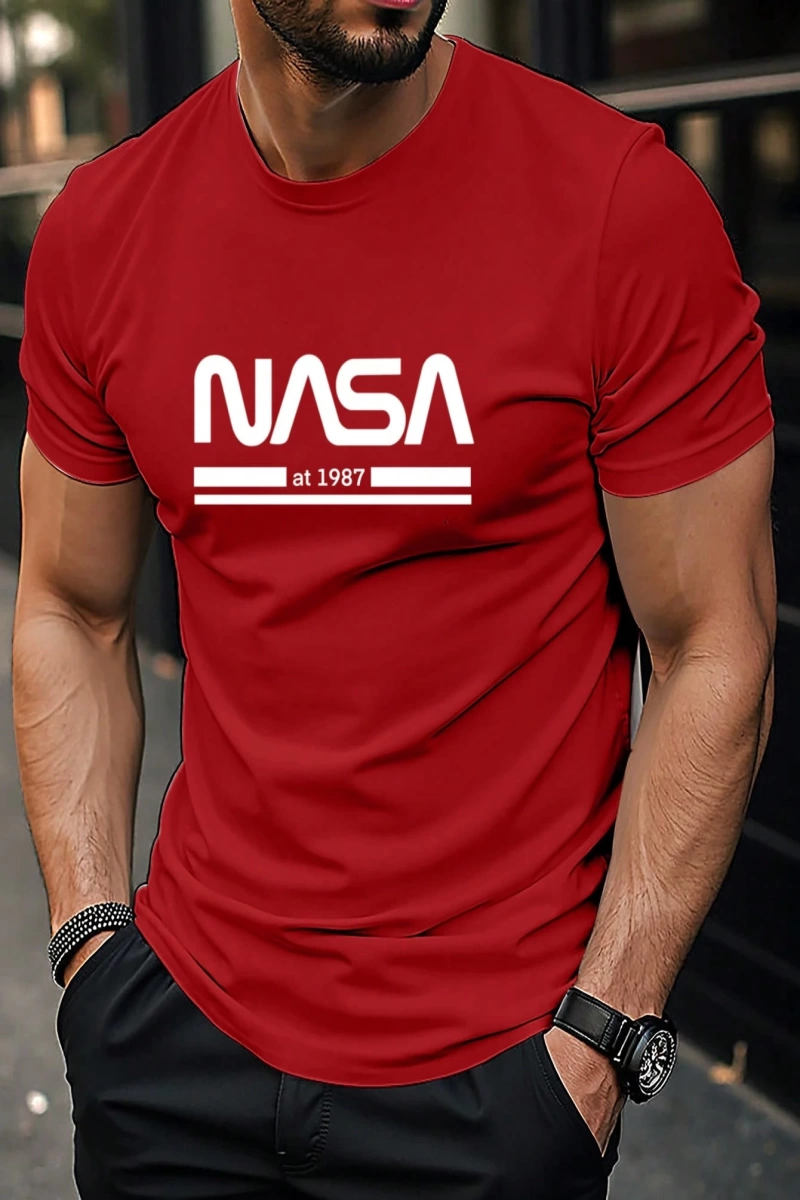 Erkek Mektup Baskılı Kısa Kollu Slim Fit Tişört