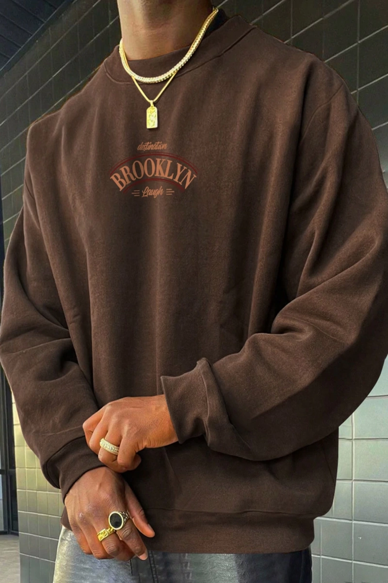 Erkek Mektup Baskılı Mürettebat Yaka Günlük Polar Sweatshirt