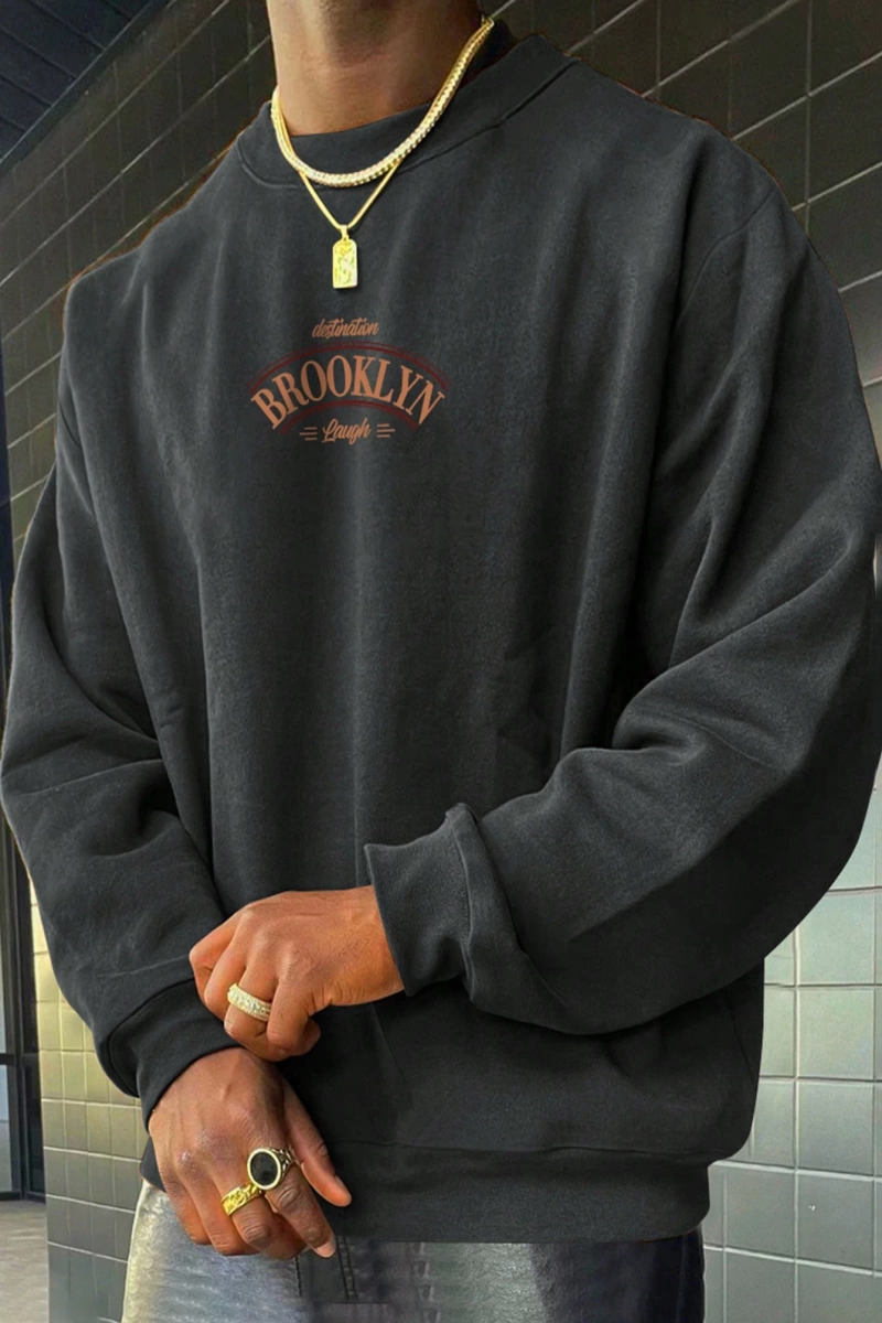 Erkek Mektup Baskılı Mürettebat Yaka Günlük Polar Sweatshirt