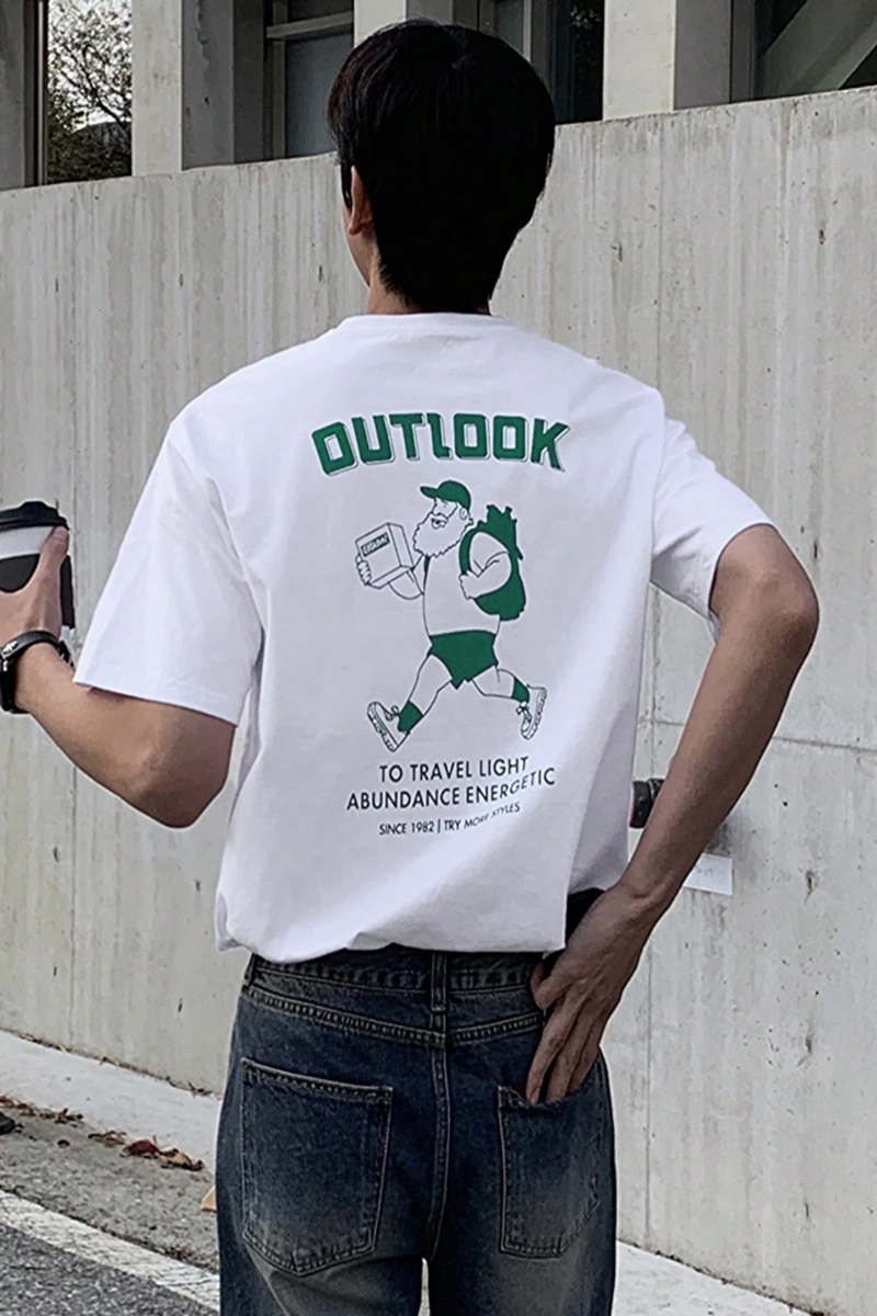 Erkek Mektup ve Karikatür Portre Baskılı Yuvarlak Yaka Kısa Kollu Tişört