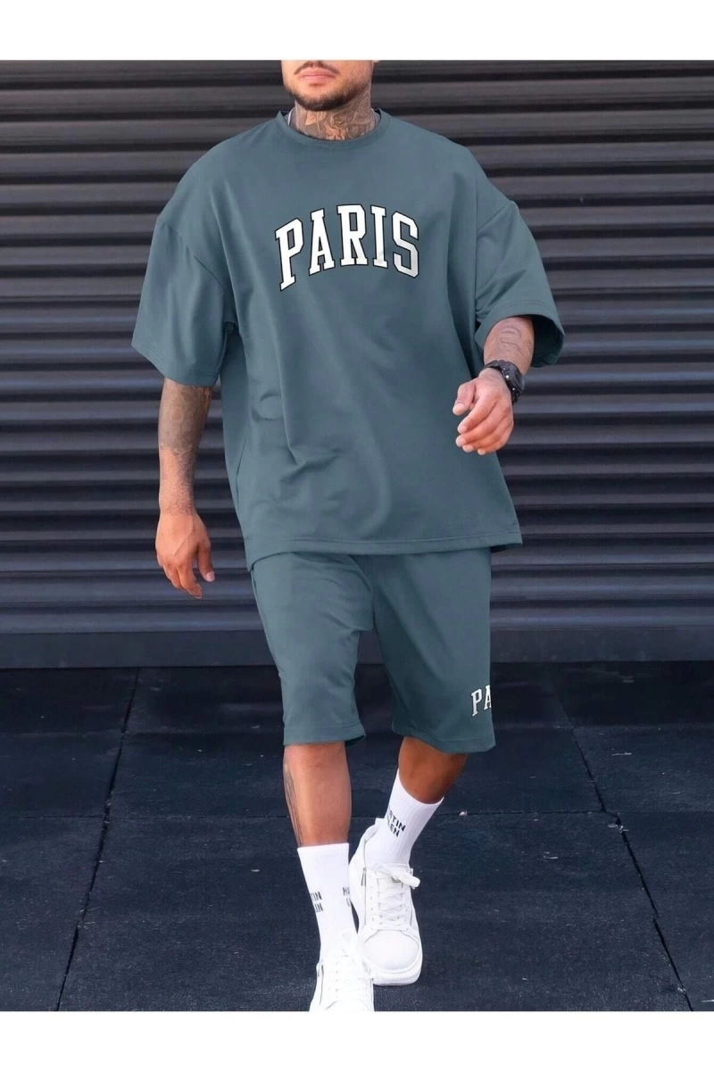 Erkek Mint Paris Baskılı Oversize Şortlu Takım TS-PARISTKM