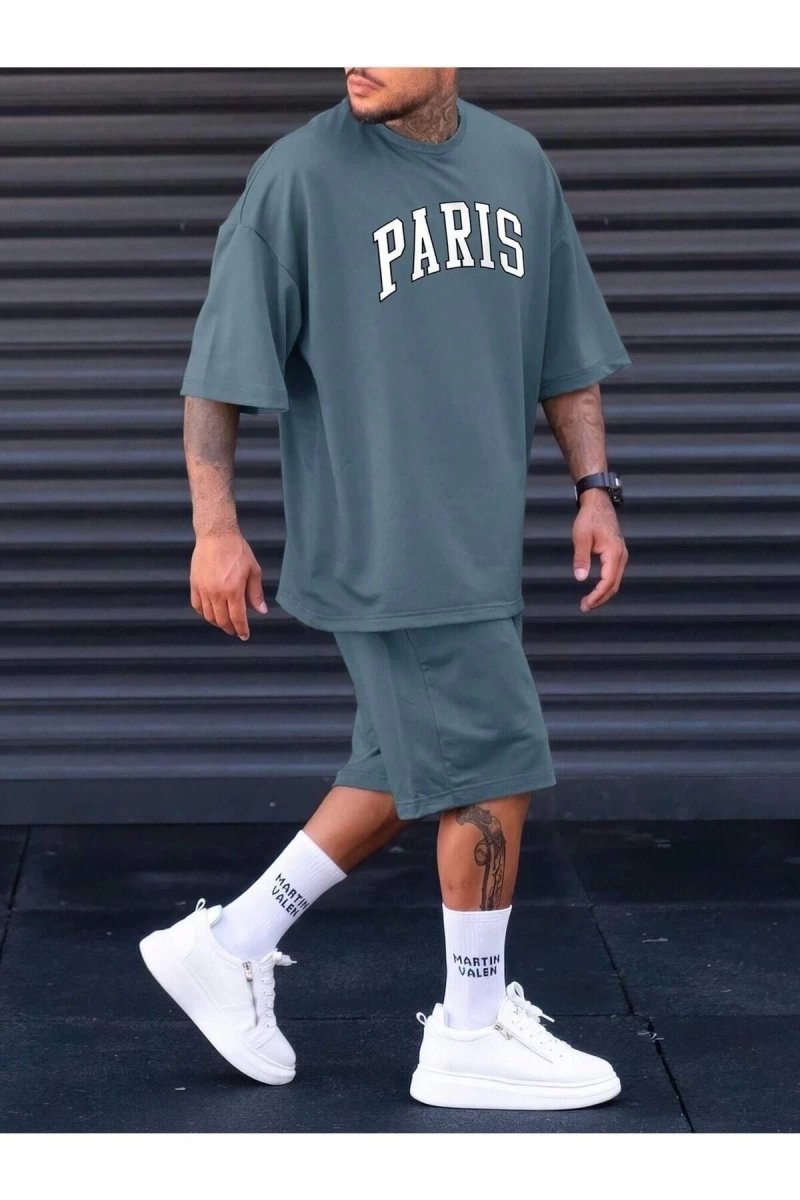 Erkek Mint Paris Baskılı Oversize Şortlu Takım TS-PARISTKM
