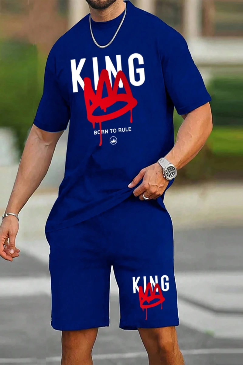 Erkek Moda King Baskılı Kısa Kollu Tişört Ve Şort Kombo Seti