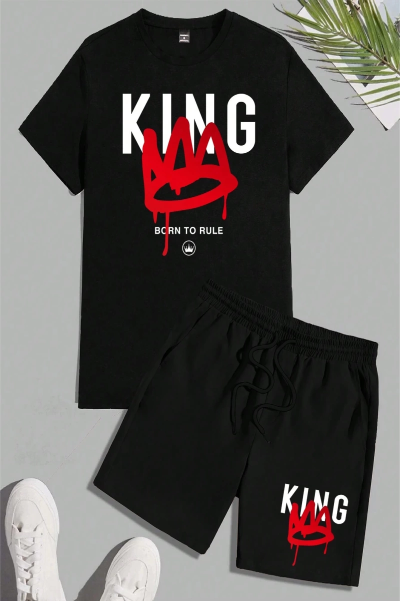 Erkek Moda King Baskılı Kısa Kollu Tişört Ve Şort Kombo Seti