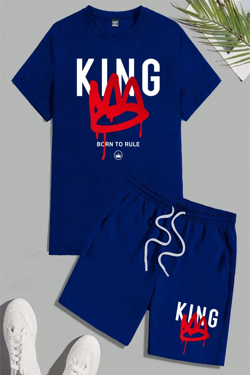 Erkek Moda King Baskılı Kısa Kollu Tişört Ve Şort Kombo Seti