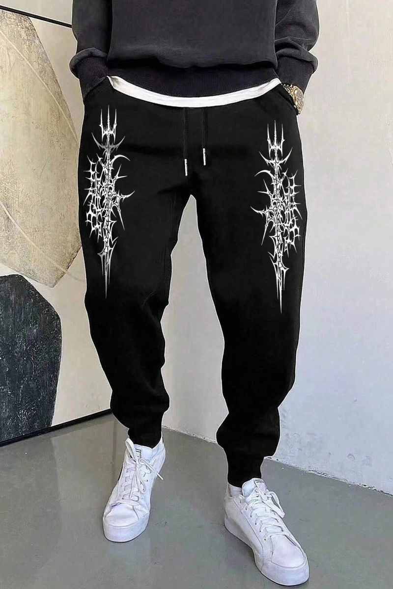 Erkek Moda Sokak Stili Bağcıklı Baskılı Eşofman Altı, Gotik Grafik Dışarı Çıkm