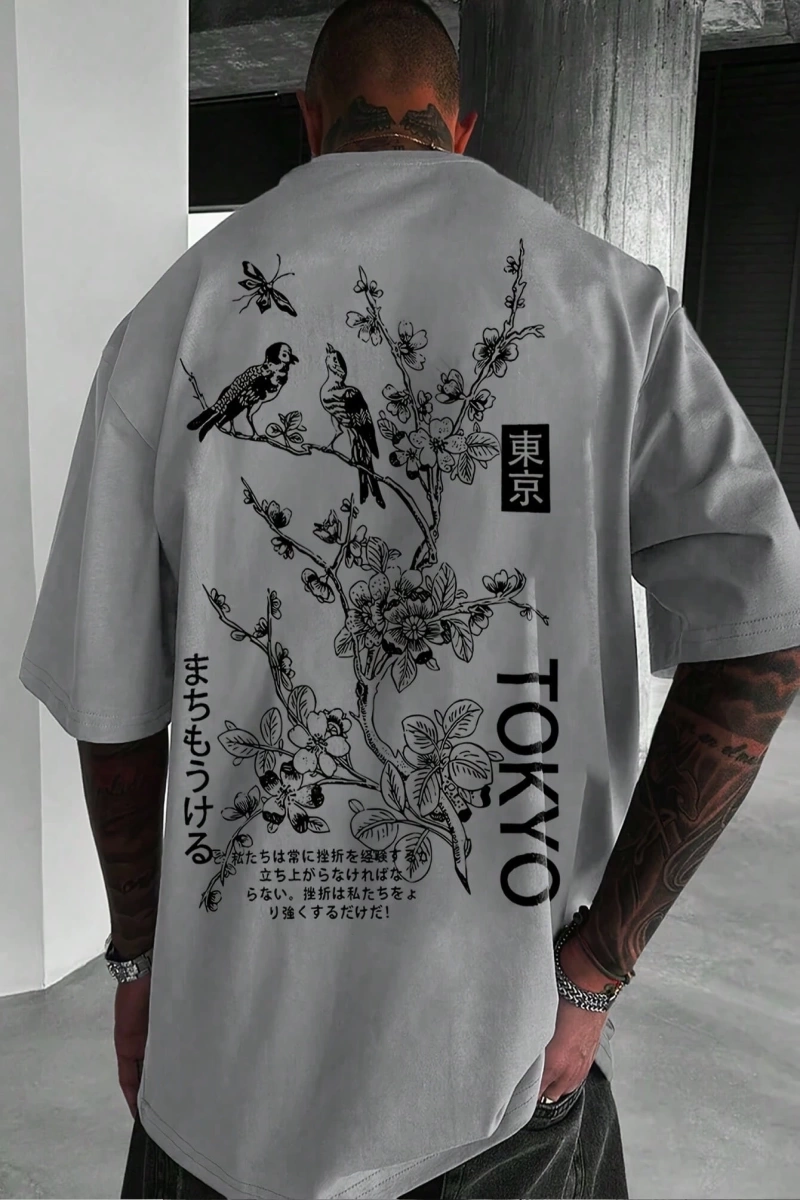 Erkek Moda Yeni Japon Tarzı Böcek, Kuş ve Çiçek Baskılı Kısa Kollu Gömlek, İlkbahar/Yaz