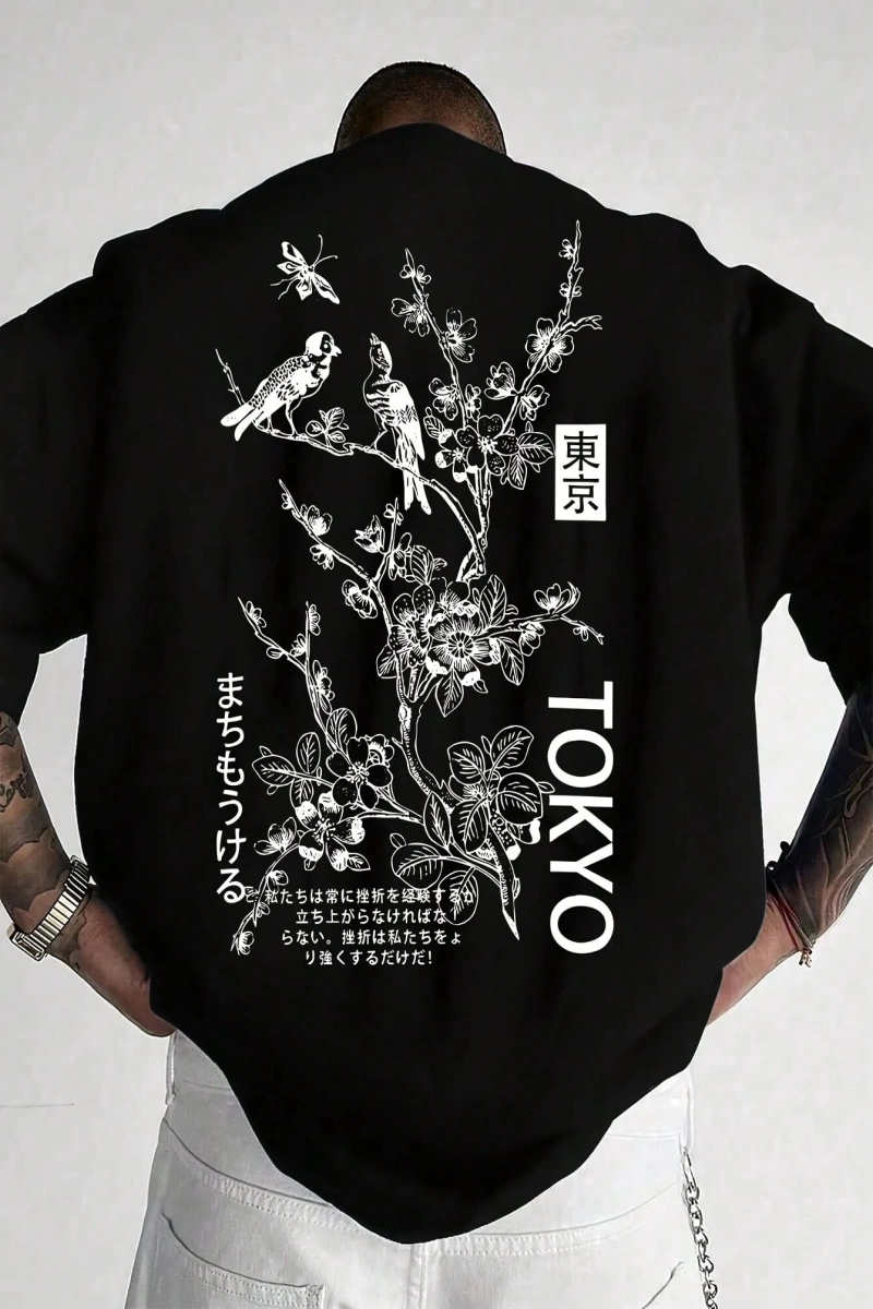 Erkek Moda Yeni Japon Tarzı Böcek, Kuş ve Çiçek Baskılı Kısa Kollu Gömlek, İlkbahar/Yaz