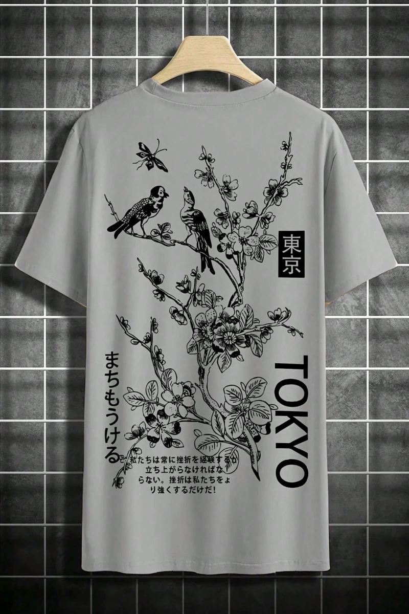 Erkek Moda Yeni Japon Tarzı Böcek, Kuş ve Çiçek Baskılı Kısa Kollu Gömlek, İlkbahar/Yaz