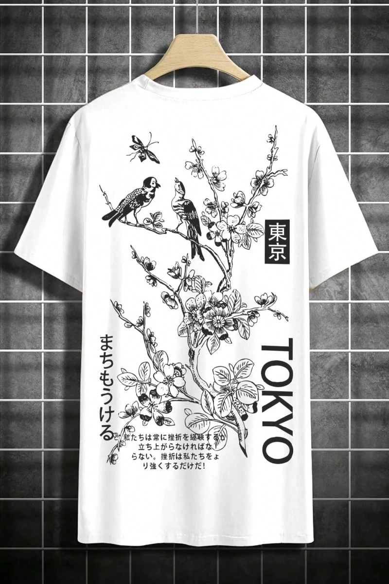 Erkek Moda Yeni Japon Tarzı Böcek, Kuş ve Çiçek Baskılı Kısa Kollu Gömlek, İlkbahar/Yaz
