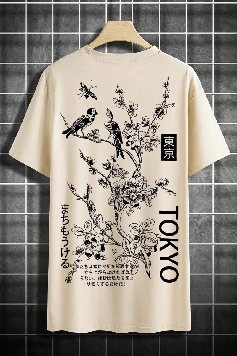 Erkek Moda Yeni Japon Tarzı Böcek, Kuş ve Çiçek Baskılı Kısa Kollu Gömlek, İlkbahar/Yaz