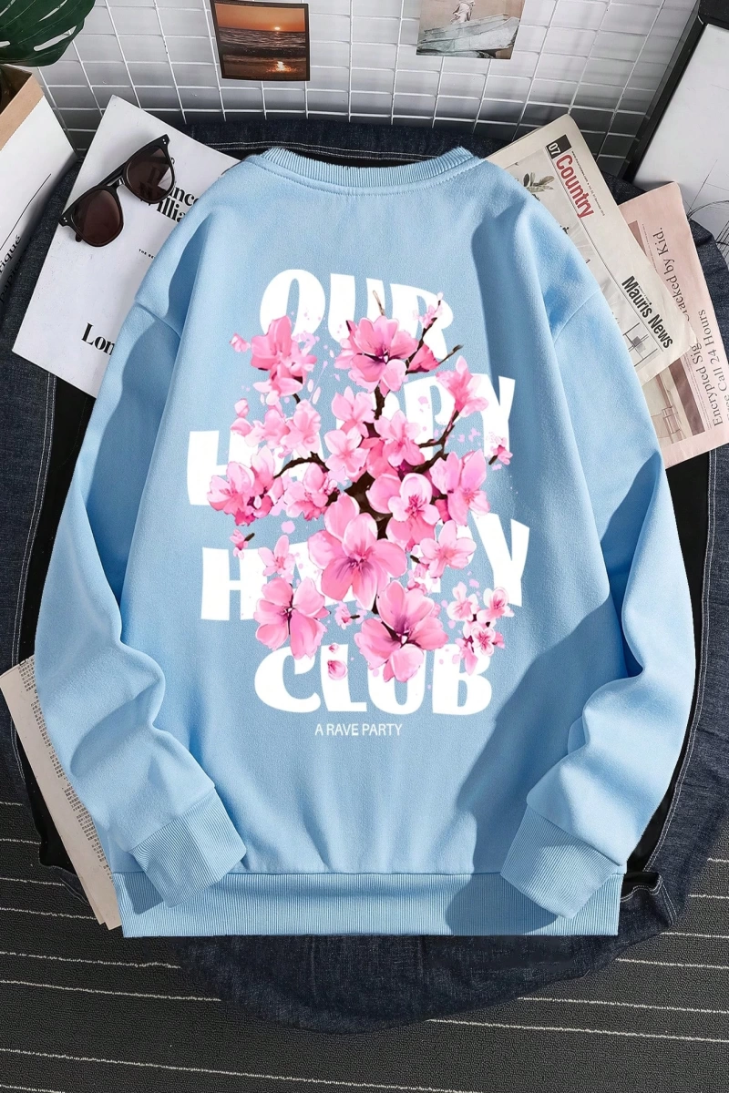 Erkek Modası Rahat Komik Bükülmüş Harf ve Çiçek Baskılı Büyük Boy Polar Sweat