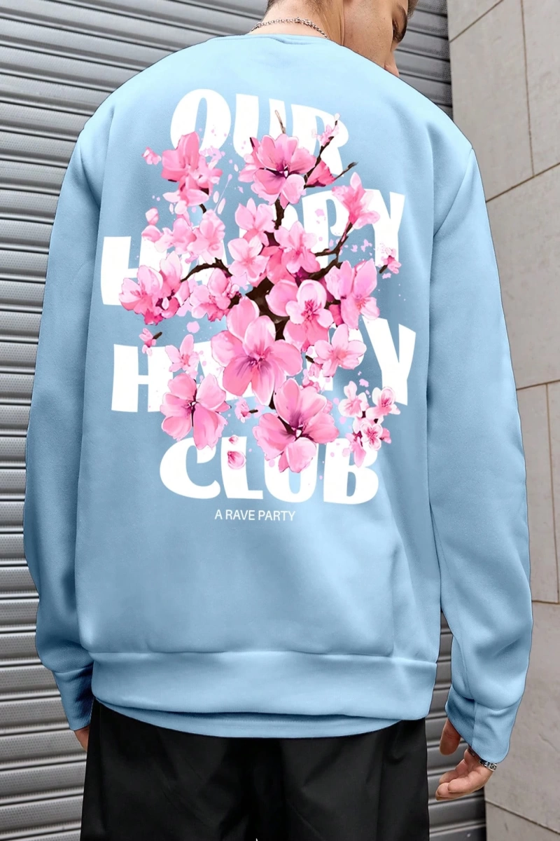 Erkek Modası Rahat Komik Bükülmüş Harf ve Çiçek Baskılı Büyük Boy Polar Sweat