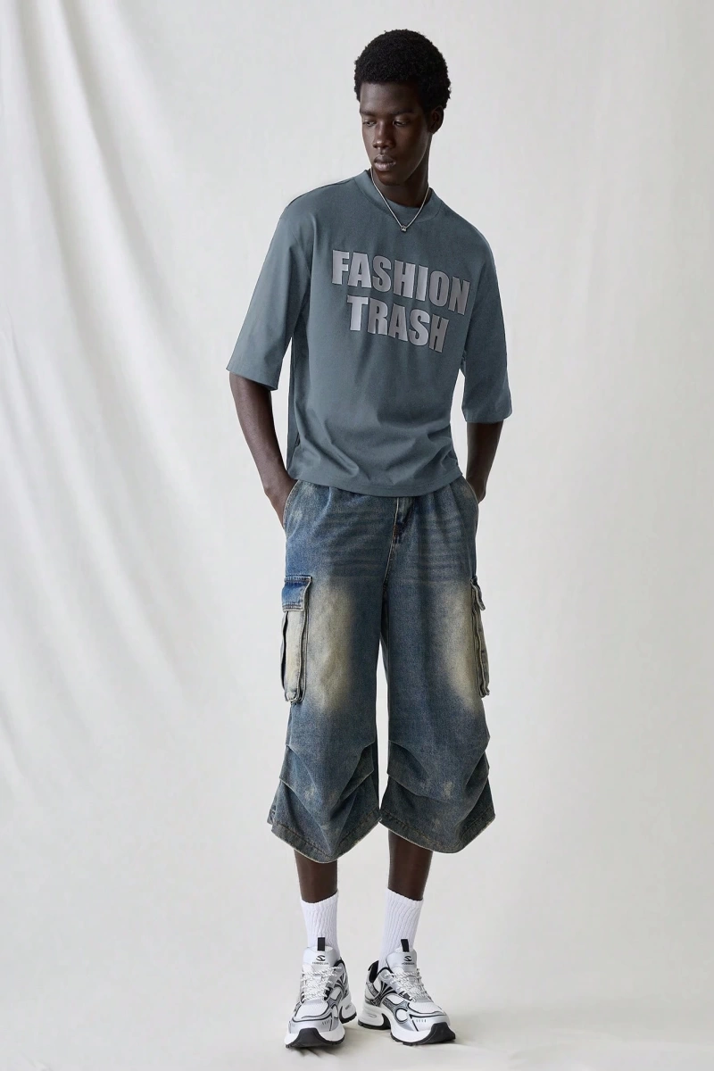 Erkek Modası Rahat Moda Kentsel İngilizce Harf Metin Grafik Baskı Bol Kesim Kısa Kollu