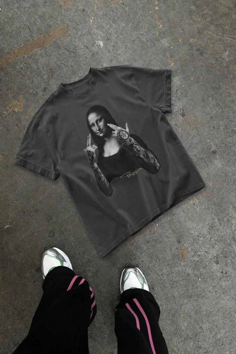 Erkek Mona Lisa Baskılı Vintage Sokak Giyimi Yuvarlak Yaka Bol Kısa Kollu Tişört