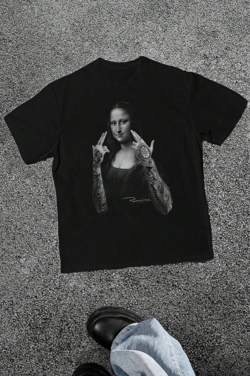 Erkek Mona Lisa Baskılı Vintage Sokak Giyimi Yuvarlak Yaka Bol Kısa Kollu Tişört