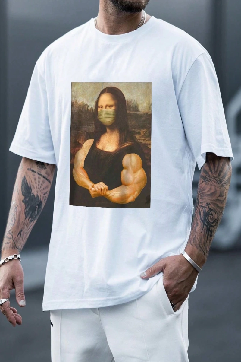 Erkek Mona Lisa Baskılı Yuvarlak Yaka Tişört