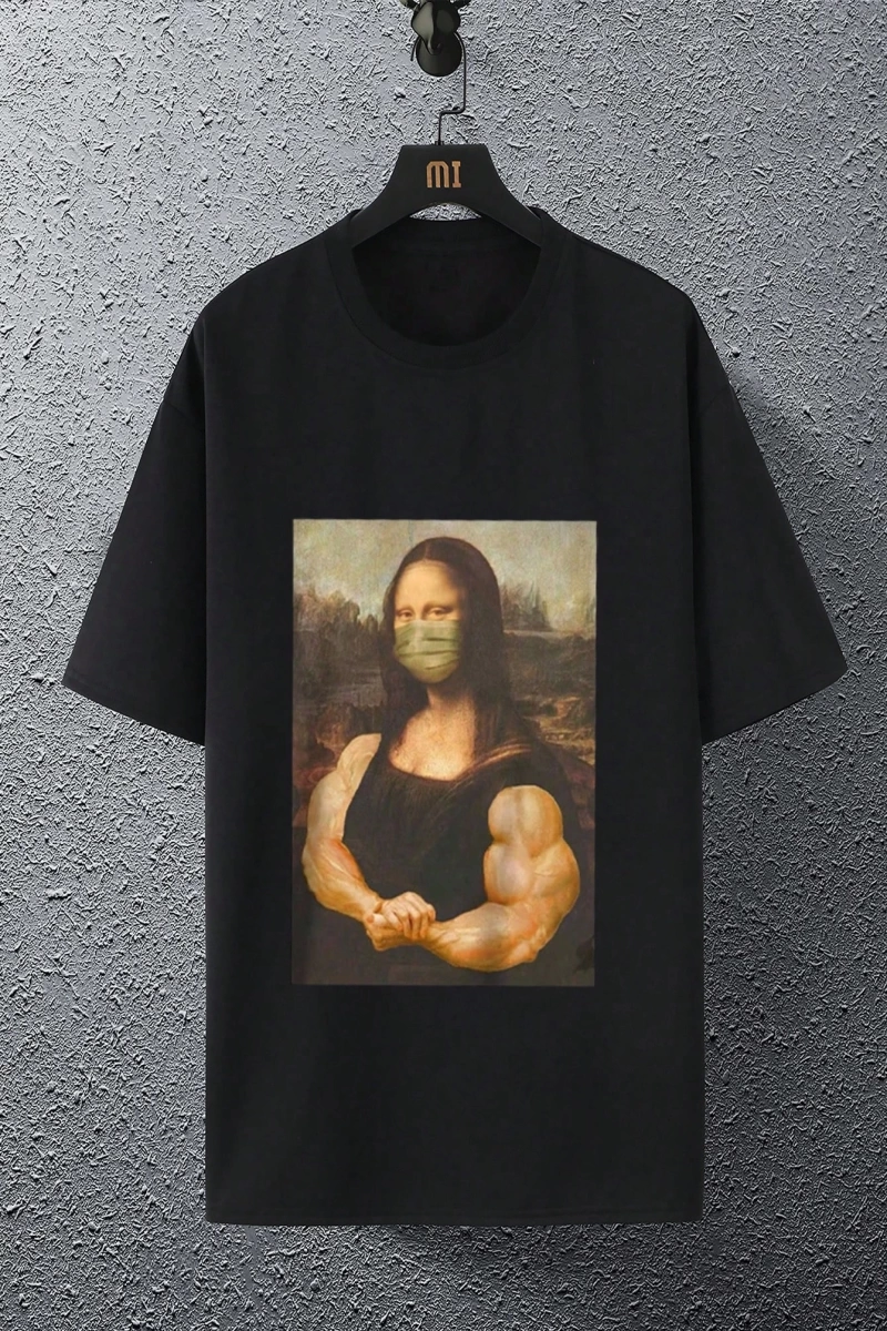 Erkek Mona Lisa Baskılı Yuvarlak Yaka Tişört