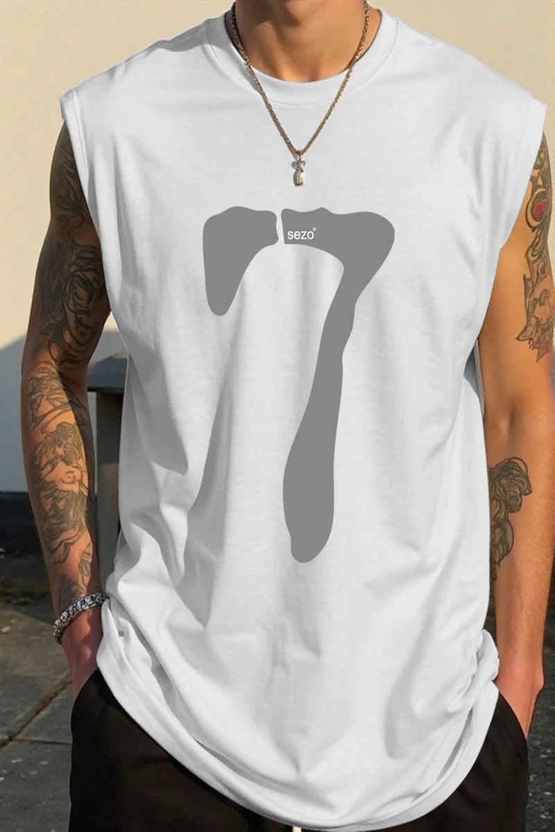 Erkek Numara Baskılı Yuvarlak Yaka Rahat Çok Yönlü Tank Top