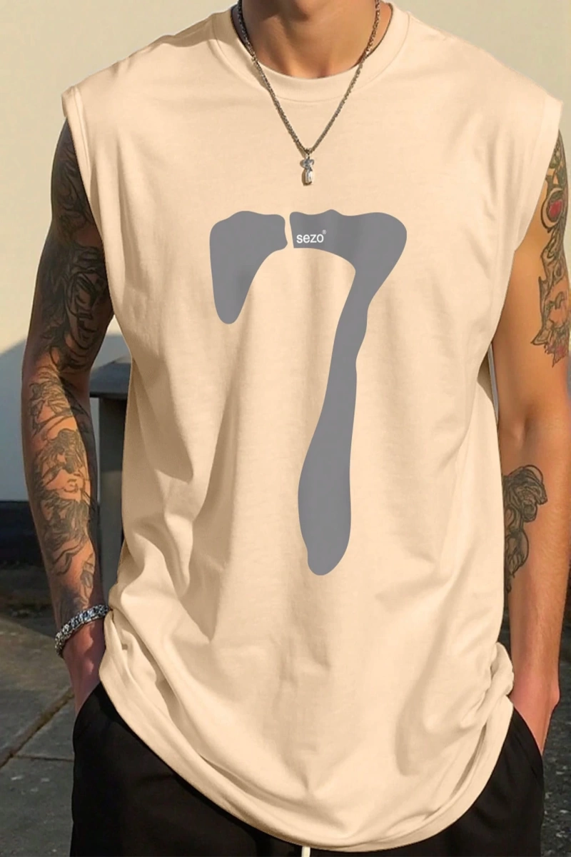 Erkek Numara Baskılı Yuvarlak Yaka Rahat Çok Yönlü Tank Top