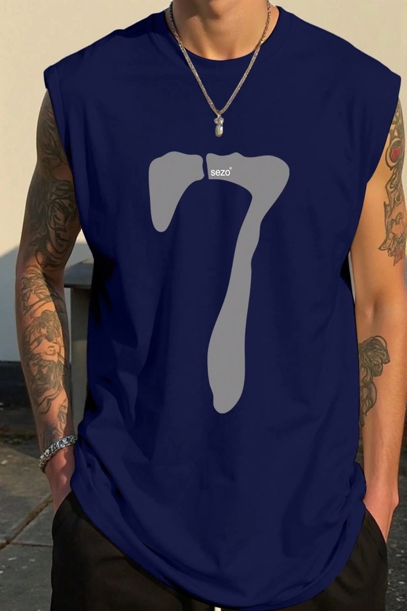 Erkek Numara Baskılı Yuvarlak Yaka Rahat Çok Yönlü Tank Top