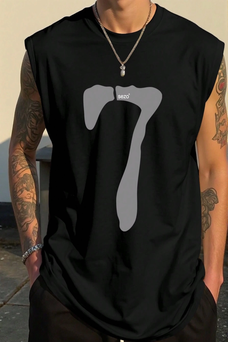 Erkek Numara Baskılı Yuvarlak Yaka Rahat Çok Yönlü Tank Top