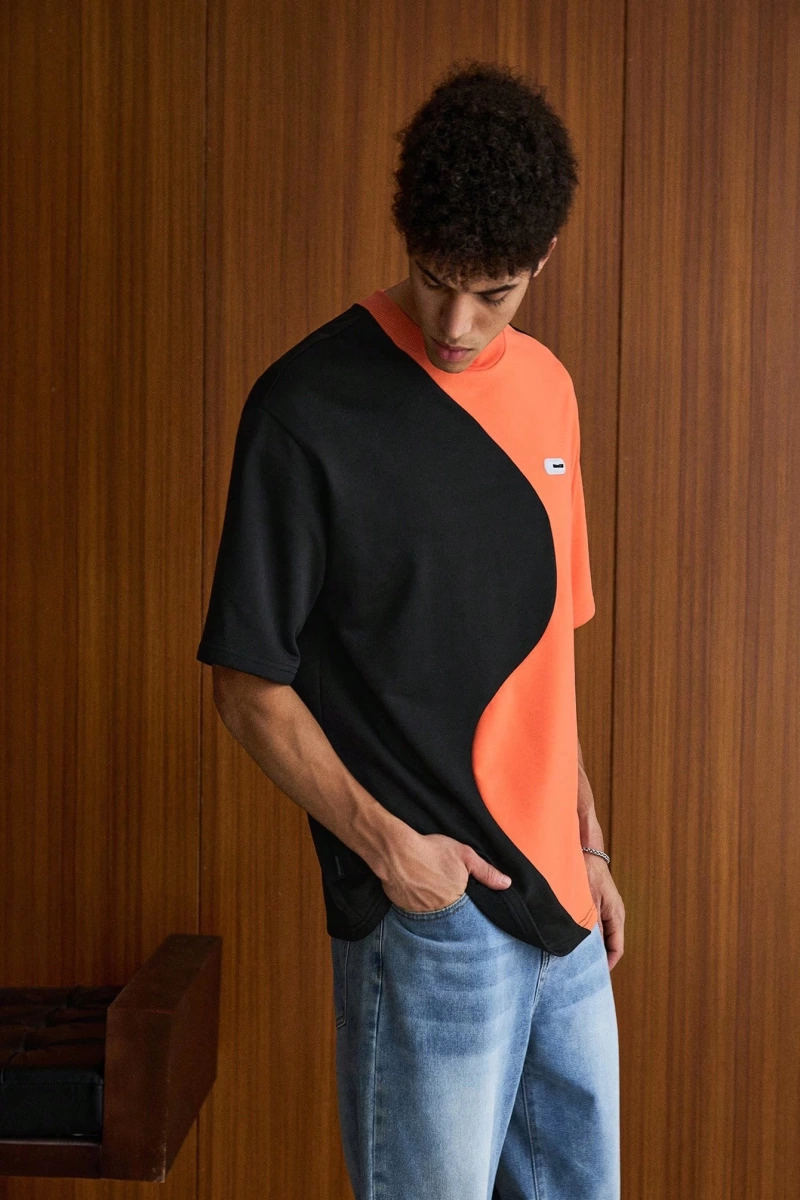 Erkek Örgü Moda Rahat Bol Patchwork Kısa Kollu Tişört