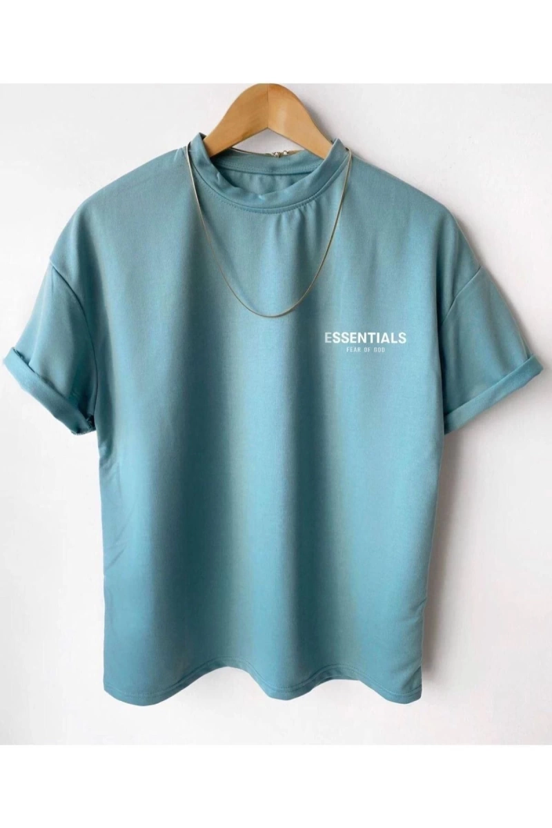 Erkek Petrol Yeşil Essentials Baskılı Oversize Bisiklet Yaka Kısa Kollu T-shirt