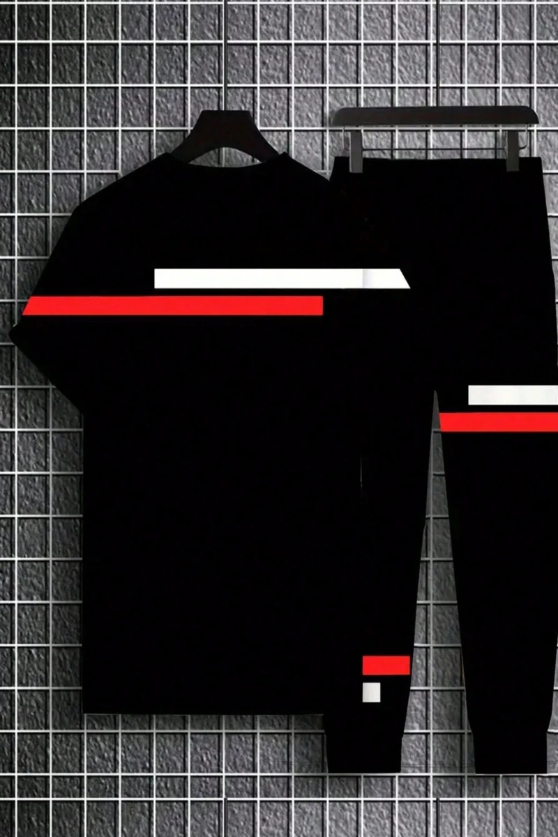 Erkek Rahat Çizgili Kısa Kollu Tişört ve Ombre Spor Pantolon Takımı, Açık Hava Aktivi