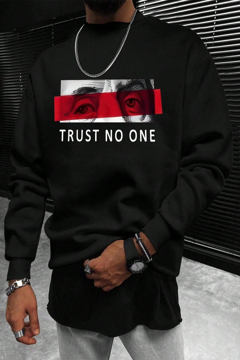 Erkek Rahat Mektup Baskılı Yuvarlak Yaka Uzun Kollu Bol Sweatshirt İlkbahar Sonbahar İçin