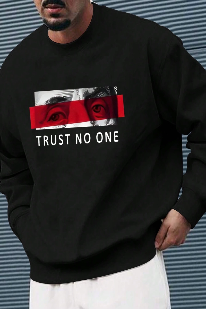 Erkek Rahat Mektup Baskılı Yuvarlak Yaka Uzun Kollu Bol Sweatshirt İlkbahar Sonbahar İçin