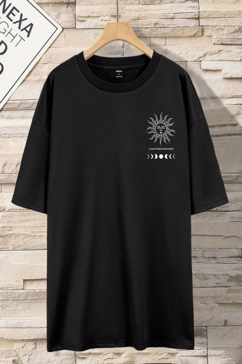Erkek Rahat Minimalist Güneş, Ay ve Yıldız Harf Baskılı Tişört