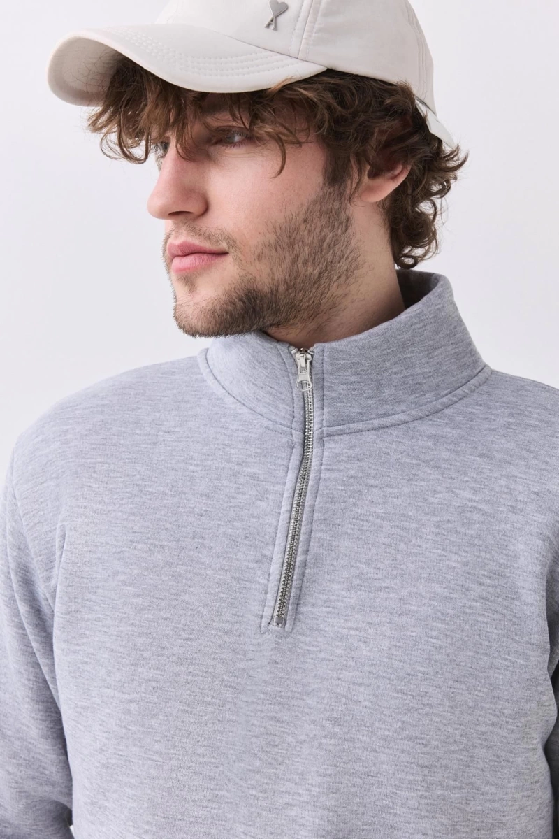 Erkek Relaxed Fit Yarım Fermuarlı Dik Yaka Sweatshirt Grimelanj