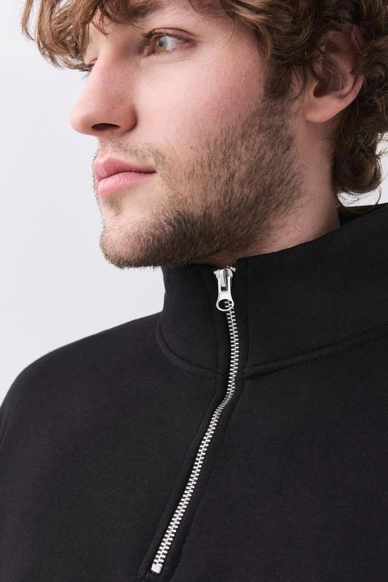 Erkek Relaxed Fit Yarım Fermuarlı Dik Yaka Sweatshirt Siyah Siyah