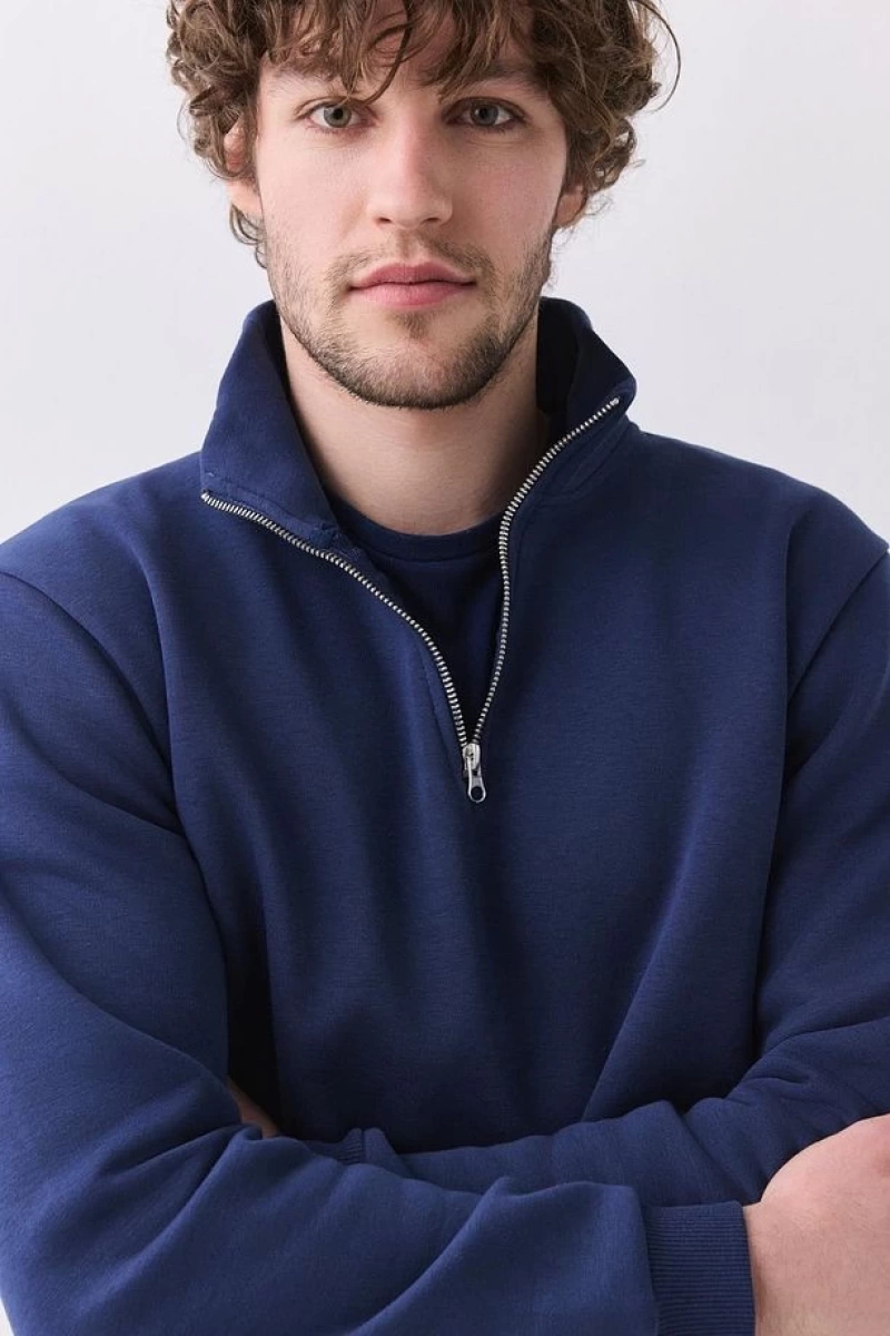 Erkek Relaxed Fit Yarım Fermuarlı Dik Yaka Sweatshirt Siyah Siyah