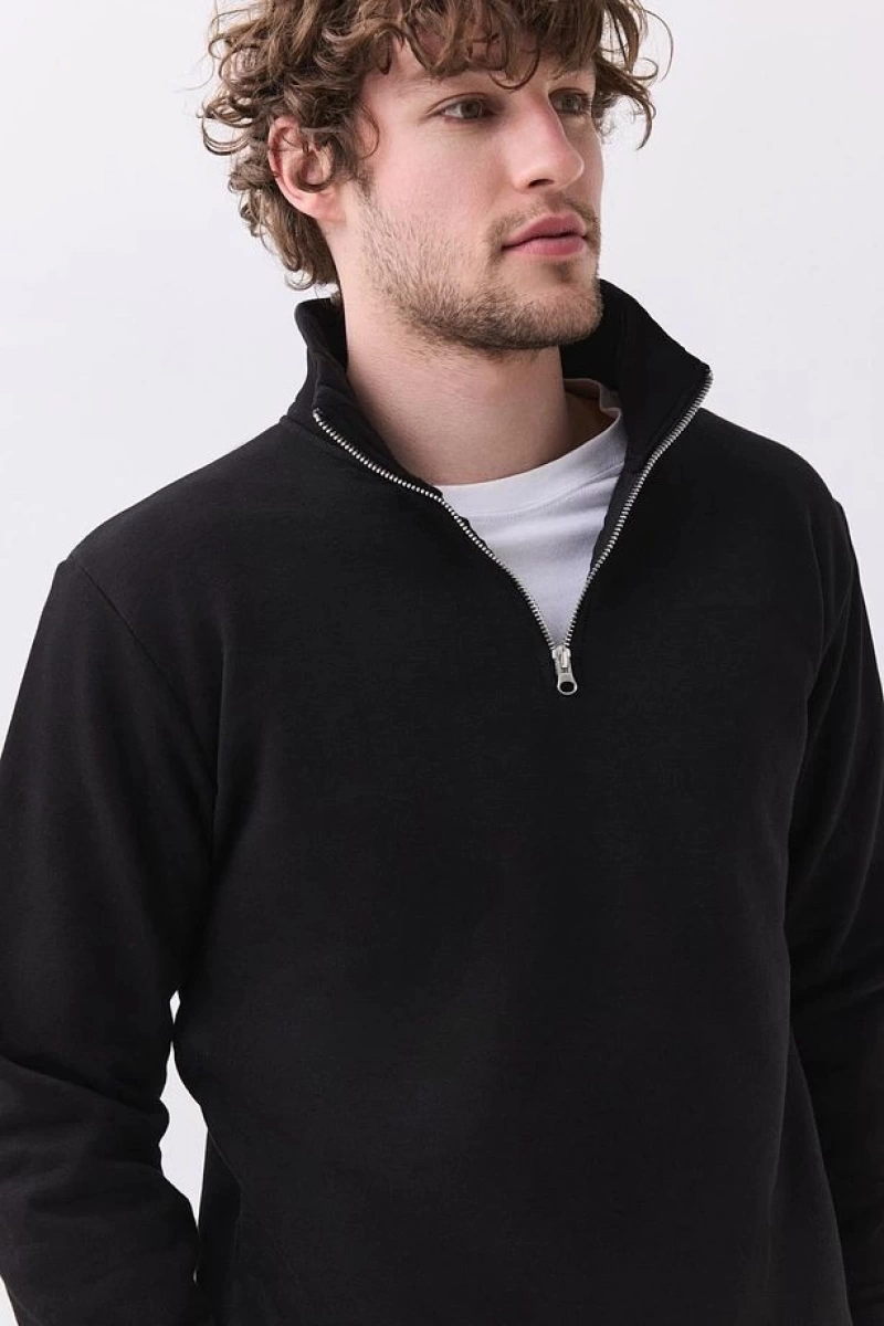 Erkek Relaxed Fit Yarım Fermuarlı Dik Yaka Sweatshirt Siyah Siyah