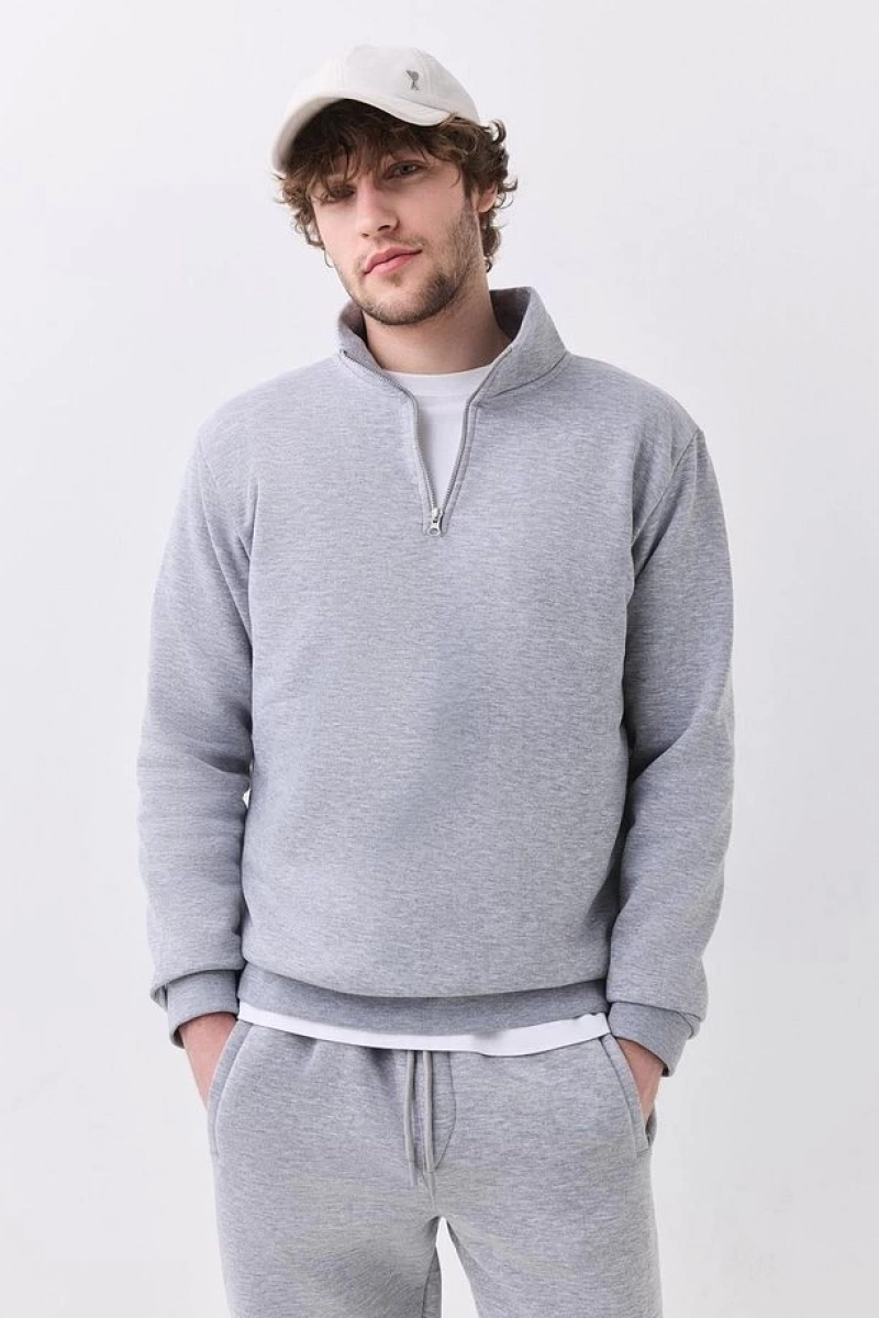 Erkek Relaxed Fit Yarım Fermuarlı Dik Yaka Sweatshirt Siyah Siyah