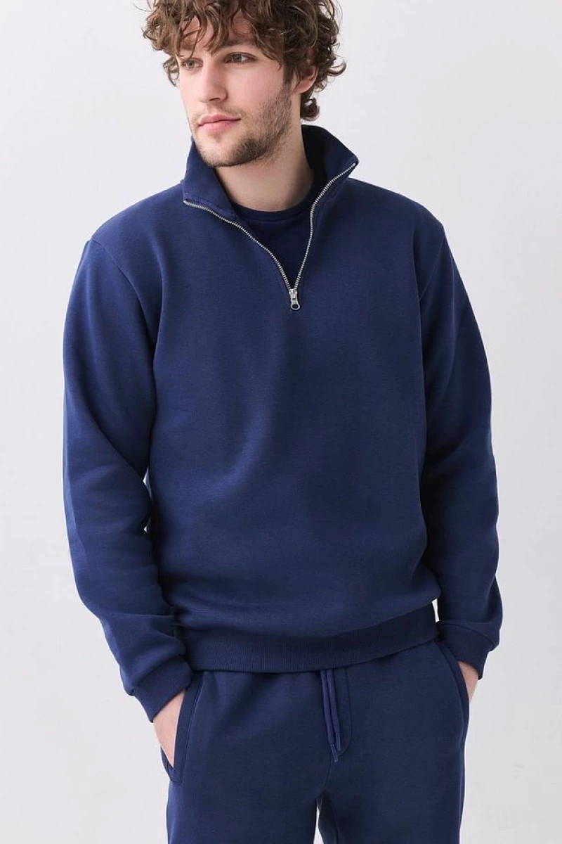 Erkek Relaxed Fit Yarım Fermuarlı Dik Yaka Sweatshirt Siyah Siyah